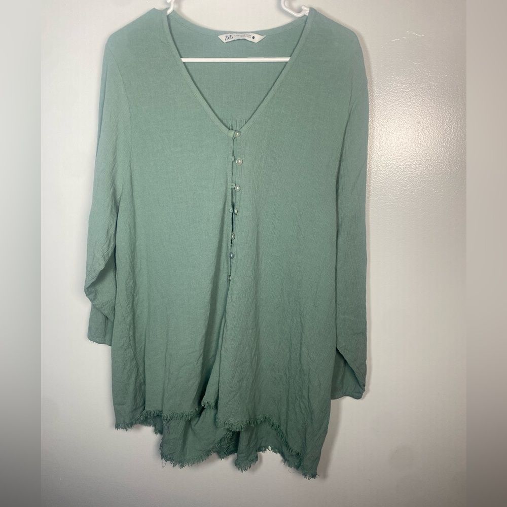 Zara Light Green Fringe Buttoned Jumpsuit